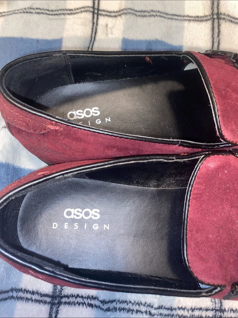ASOS Burgundy Suede Tassel Loafers with Black Trim